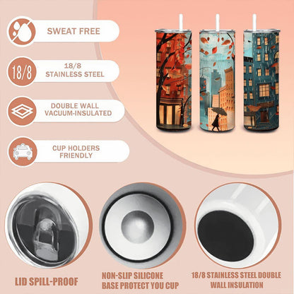 Autumn Cityscape Stainless Steel Tumbler | Coffee Cup with Straw