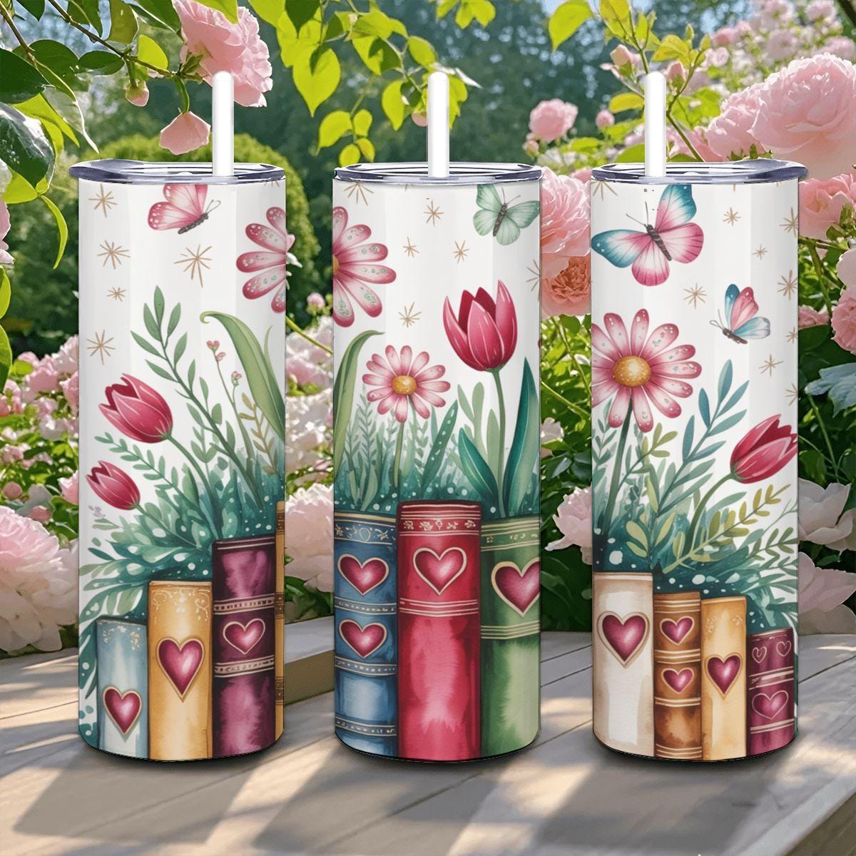 Floral Butterfly Book Garden Tumbler | Insulated Stainless Steel Coffee Cup