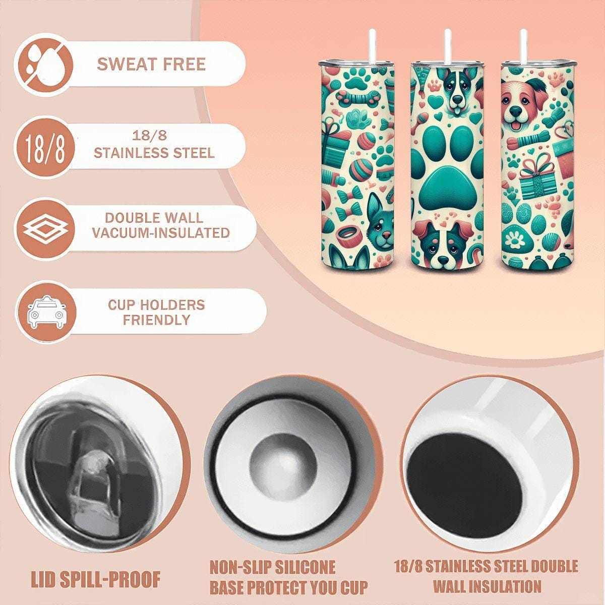 Dog Lover Tumbler | Paw Print 20oz Stainless Steel Insulated Cup