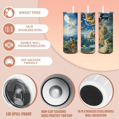 ColorFlow | Ocean Dreamscape 20oz Stainless Steel Tumbler with Straw | Fantasy Seascape Art Insulated Cup