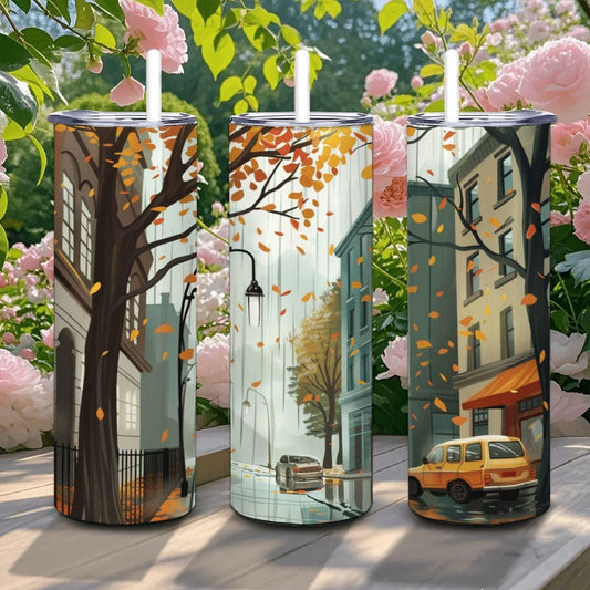 Rainy Autumn Cityscape Tumbler | 20oz Insulated Stainless Steel Cup