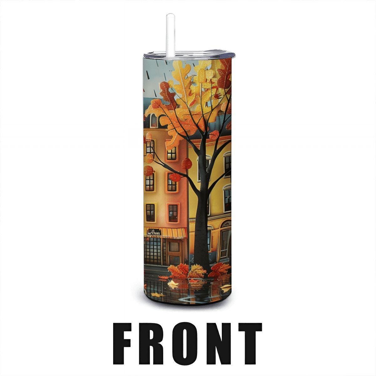 Autumn Cityscape Tumbler | Fall Leaves Stainless Steel Travel Cup