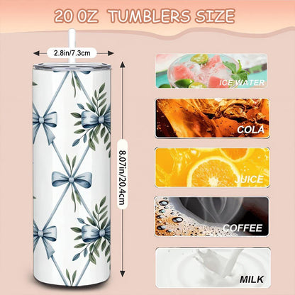 ColorFlow | Blue Ribbon Botanical Tumbler | 20oz Stainless Steel Coffee Travel Cup with Straw Elegant Gift