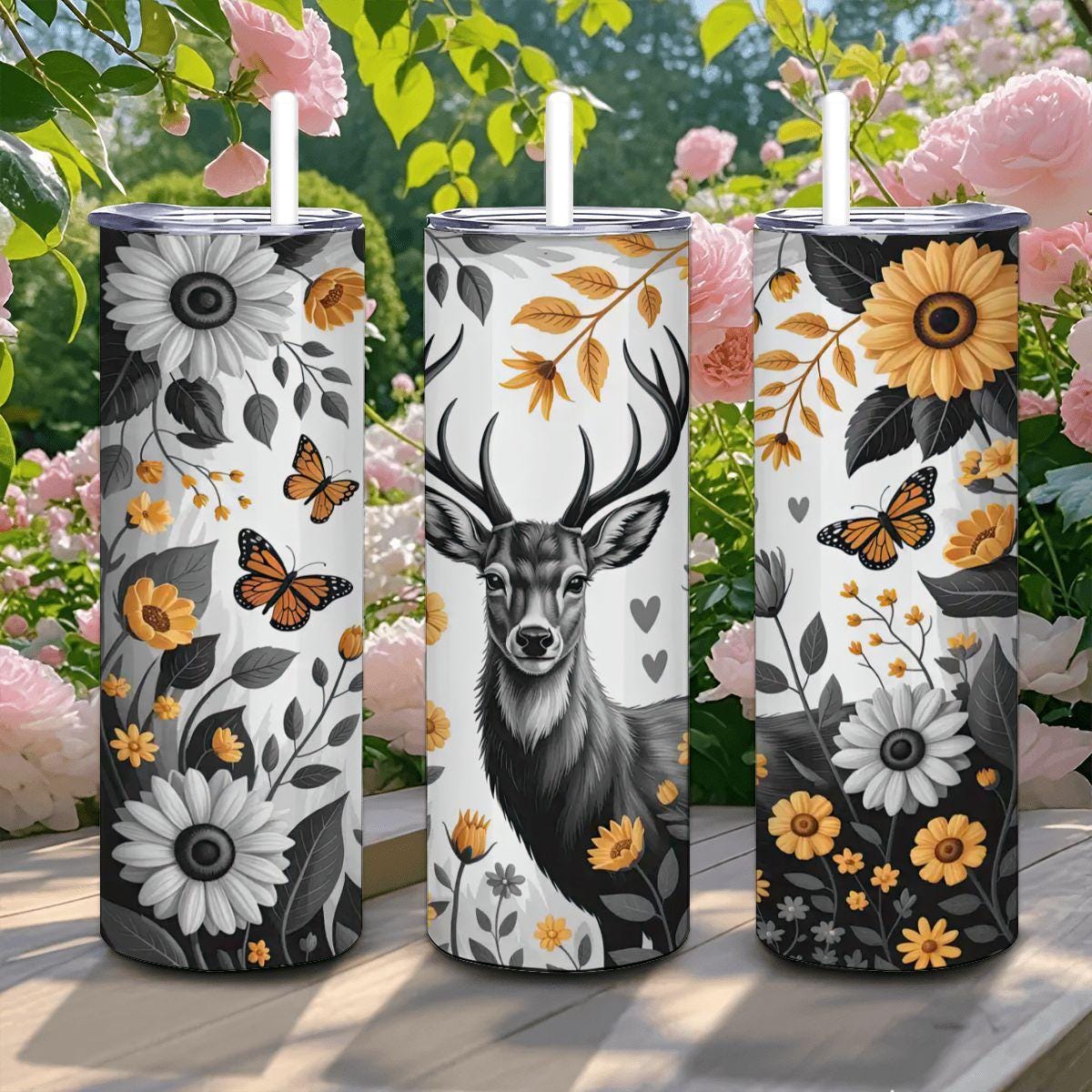 ColorFlow | Golden Deer & Monarch Tumbler | 20oz Stainless Steel Coffee Travel Cup with Straw Woodland Gift