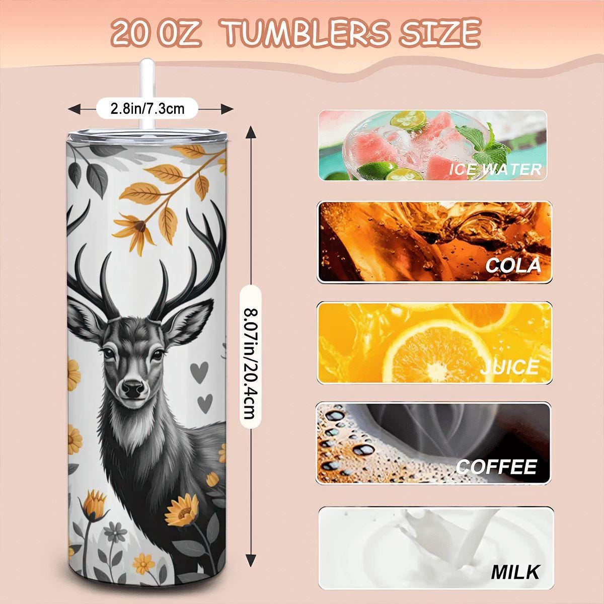 ColorFlow | Golden Deer & Monarch Tumbler | 20oz Stainless Steel Coffee Travel Cup with Straw Woodland Gift