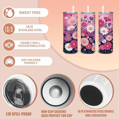 Floral Garden Tumbler | Stainless Steel Travel Cup with Straw