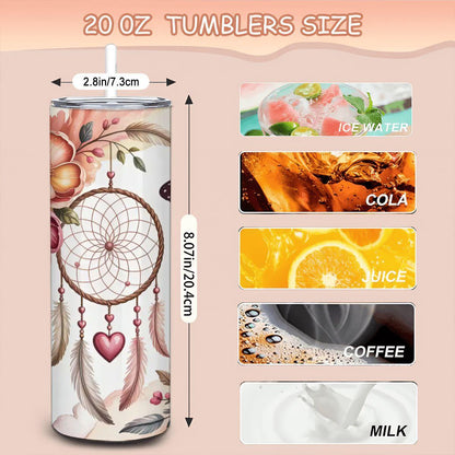 ColorFlow | Boho Dreamcatcher Serenity Tumbler | 20oz Stainless Steel Coffee Travel Cup with Straw Gift