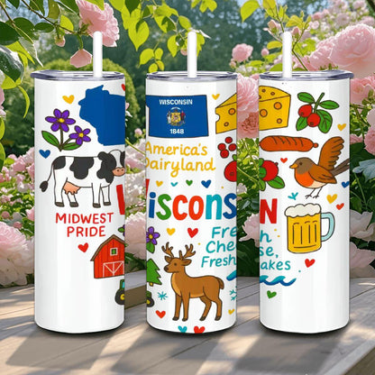 ColorFlow | Wisconsin Dairyland Tumbler | Midwest Pride Stainless Travel Cup with Straw | Cheese Lovers Gift