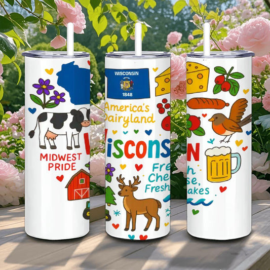 ColorFlow | Wisconsin Dairyland Tumbler | Midwest Pride Stainless Travel Cup with Straw | Cheese Lovers Gift