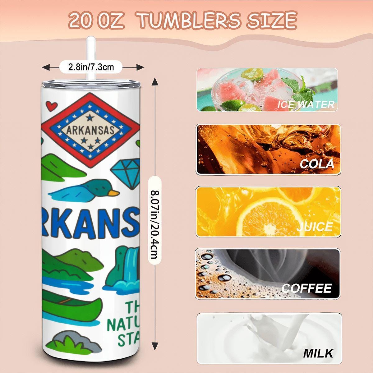 ColorFlow | Arkansas Adventure Tumbler | The Natural State Stainless Steel Cup | 20oz Insulated Travel Mug with Straw