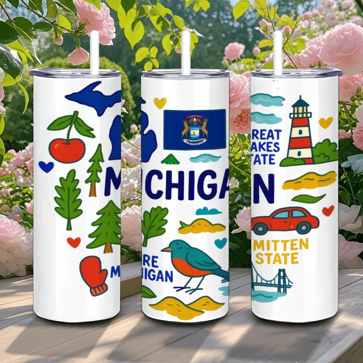 ColorFlow | Michigan Great Lakes Tumbler | Pure Michigan Stainless Steel Cup | 20oz Insulated Travel Mug with Straw