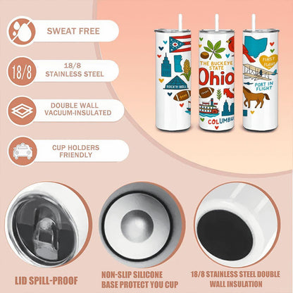 ColorFlow | Ohio State Pride 20oz Stainless Steel Tumbler with Straw | Buckeye State Travel Mug | Midwest Gift Cup