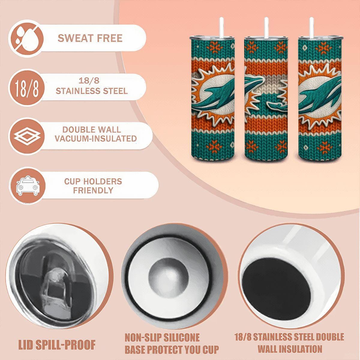 ColorFlow | Miami Dolphins Inspired Seamless Sweater 20oz Skinny Tumbler with Straw