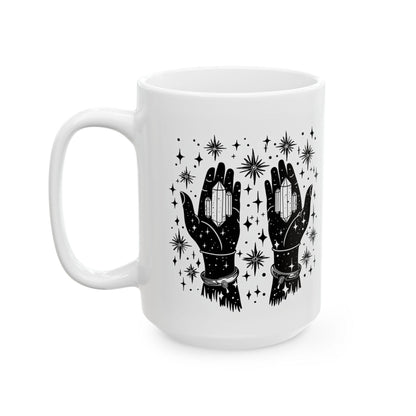 Mystical Crystal Hands Coffee Mug | Witchy Celestial Art, 15oz
