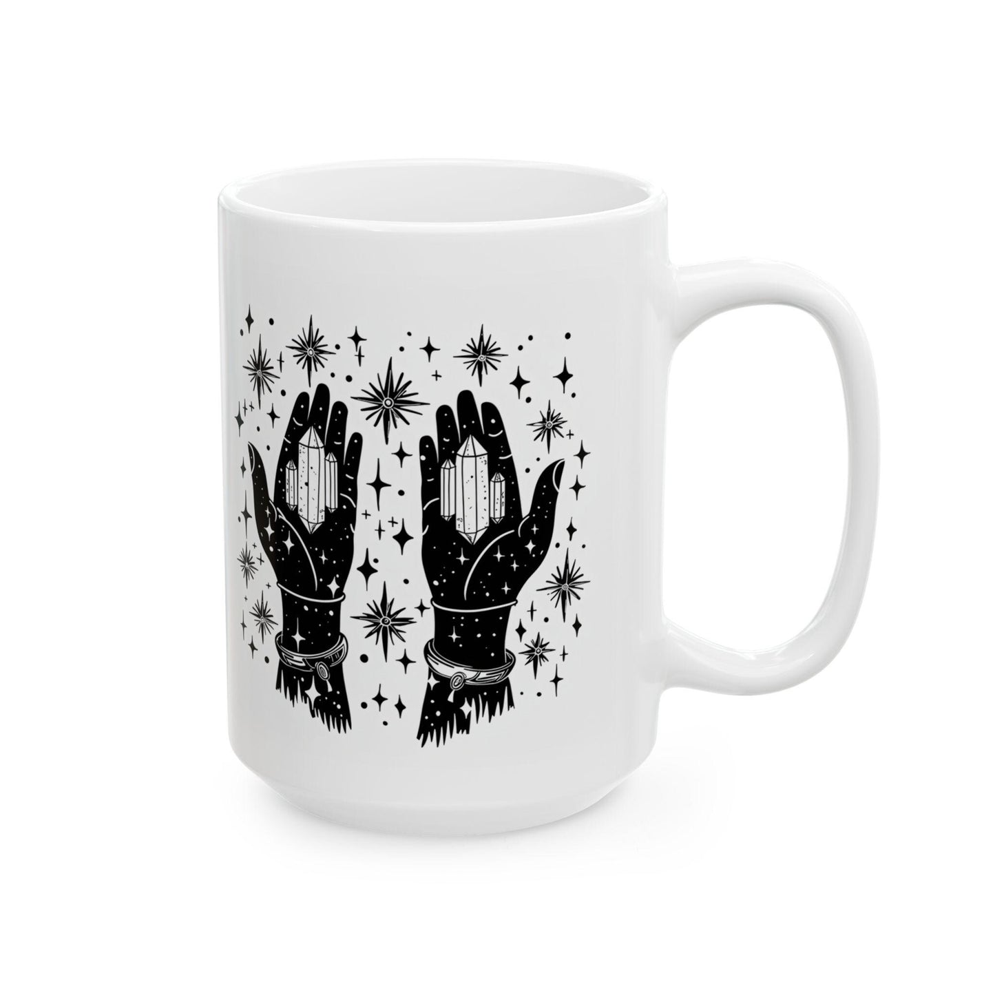 Mystical Crystal Hands Coffee Mug | Witchy Celestial Art, 15oz