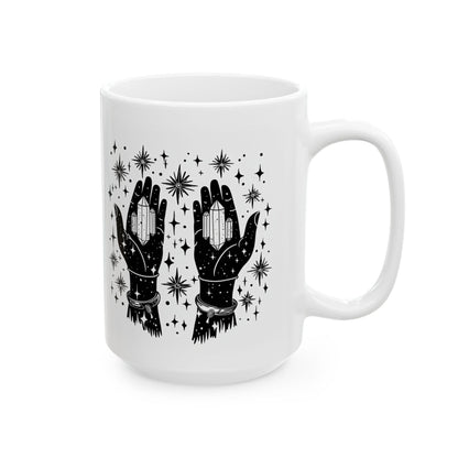 Mystical Crystal Hands Coffee Mug | Witchy Celestial Art, 15oz