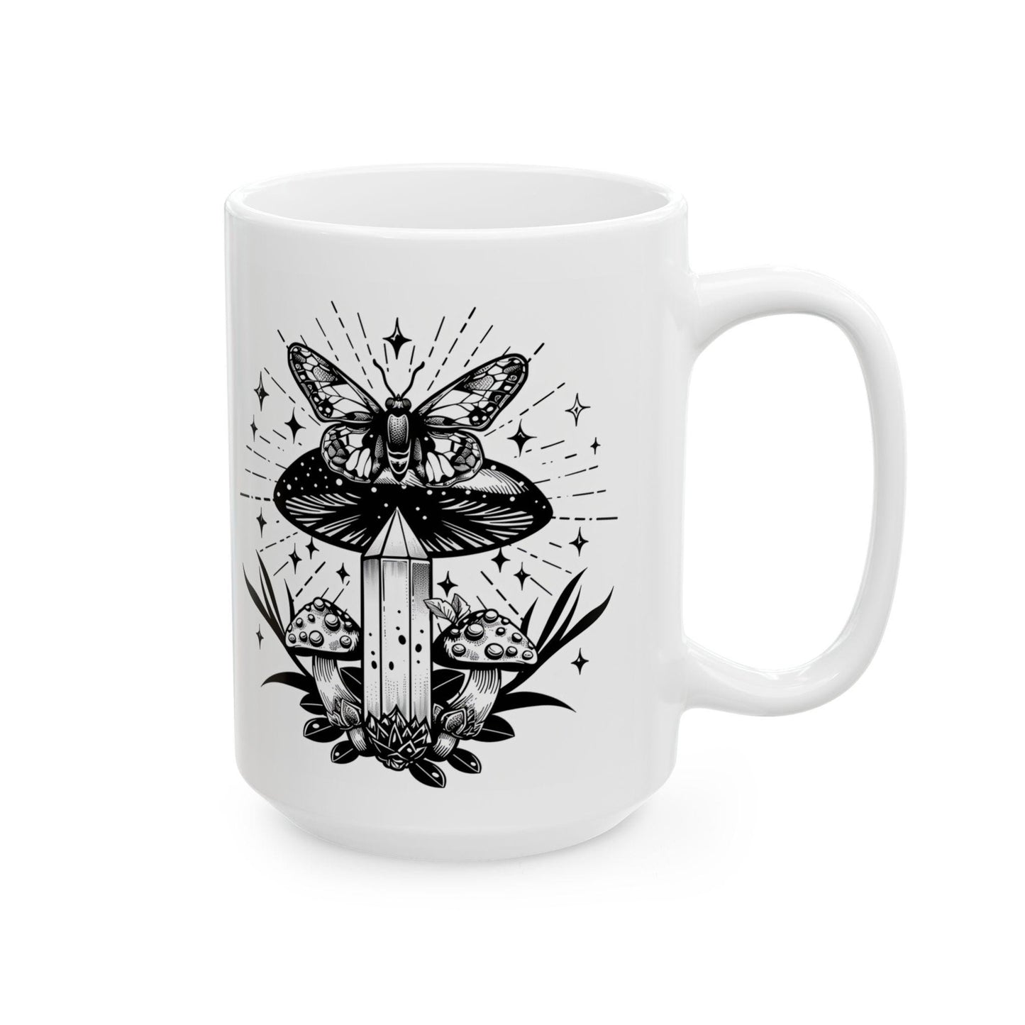 ColorFlow | Butterfly Crystal Mushroom Mug | Mystical 15oz Ceramic Coffee Cup | Boho Nature Art Mug Gift for Dreamers