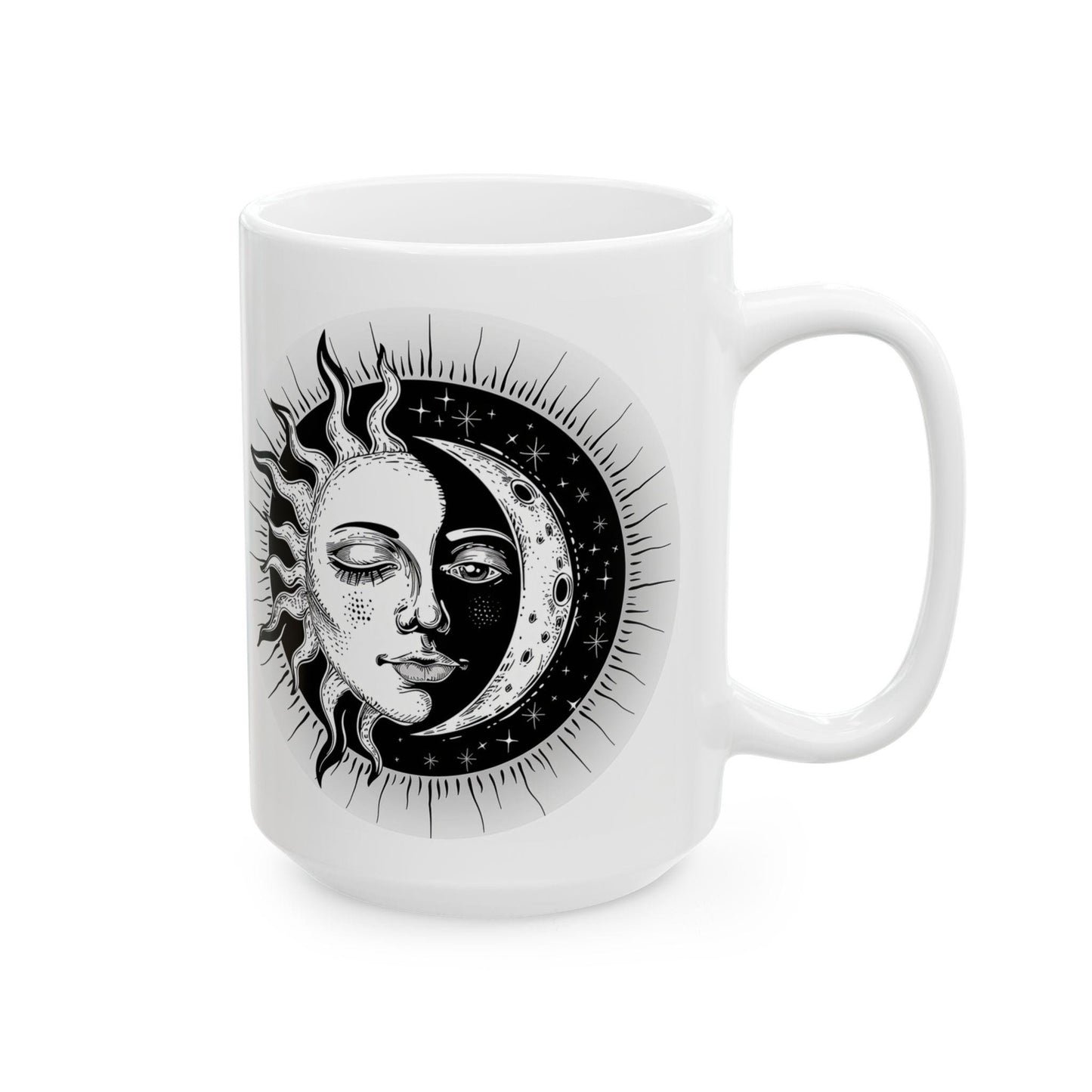 ColorFlow | Sun and Moon Mug | Celestial Duality 15oz Ceramic Coffee Cup | Spiritual Cosmic Art Mug Gift for Dreamers
