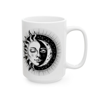 ColorFlow | Sun and Moon Mug | Celestial Duality 15oz Ceramic Coffee Cup | Spiritual Cosmic Art Mug Gift for Dreamers