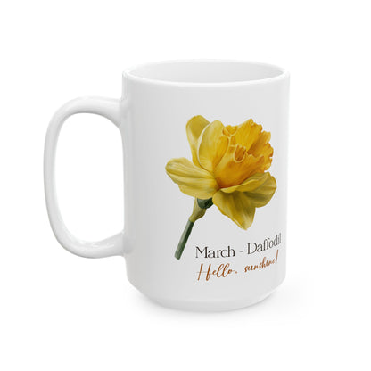 March Daffodil Mug | Floral 15oz Coffee Cup, Spring Botanical Drinkware