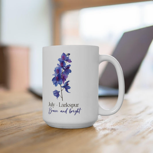 ColorFlow | July Larkspur Brave and Bright Mug | Floral 15oz Coffee Cup | Birth Flower Gift | Summer Botanical Drinkware