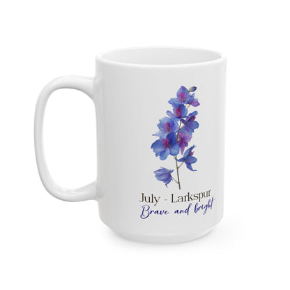 ColorFlow | July Larkspur Brave and Bright Mug | Floral 15oz Coffee Cup | Birth Flower Gift | Summer Botanical Drinkware