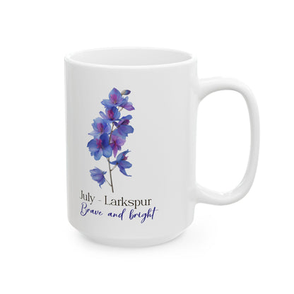 ColorFlow | July Larkspur Brave and Bright Mug | Floral 15oz Coffee Cup | Birth Flower Gift | Summer Botanical Drinkware