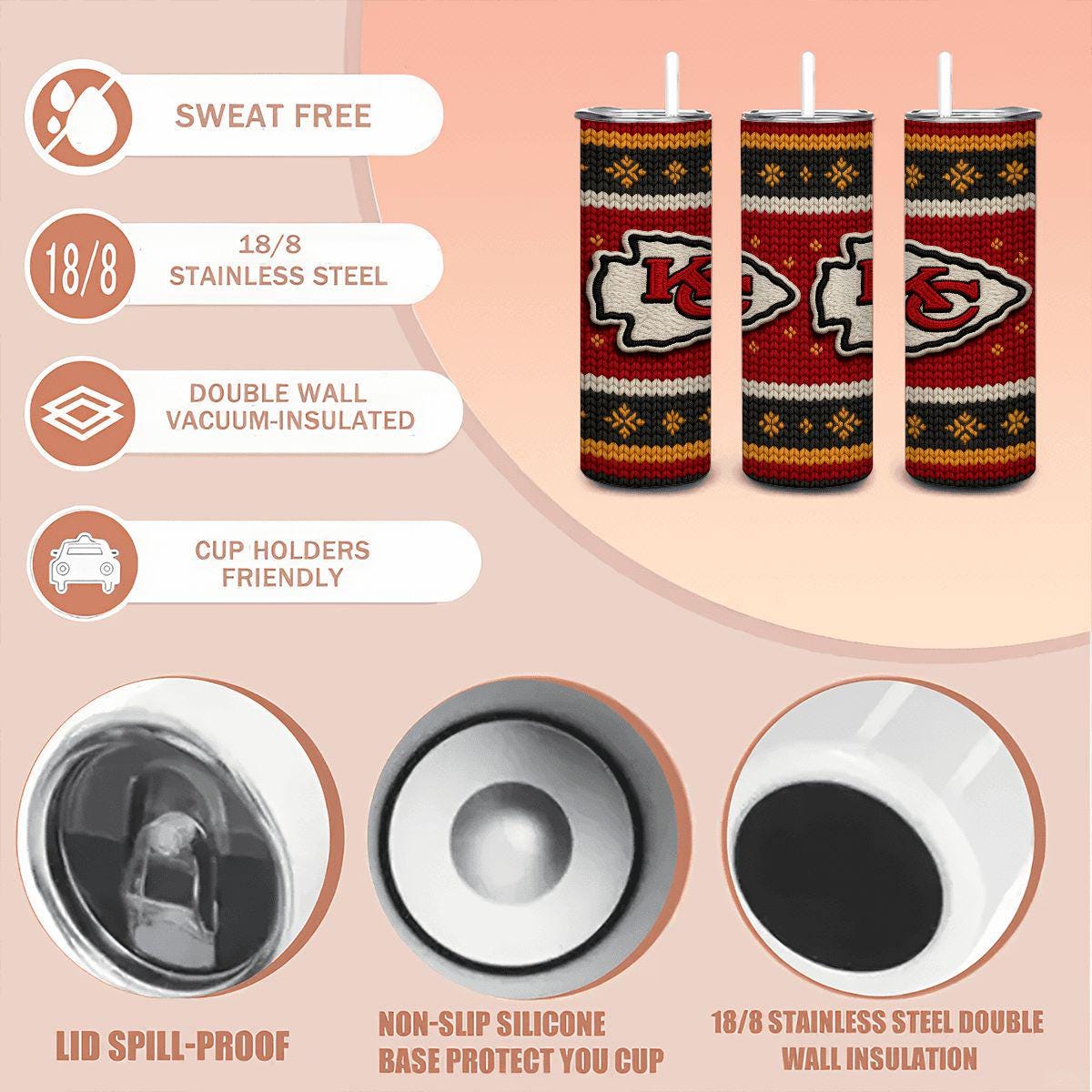ColorFlow | Kansas City Chiefs Inspired Seamless Sweater 20oz Skinny Tumbler with Straw