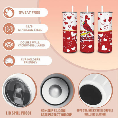 ColorFlow | St Louis Inspired Cardinals Hearts Straight Tumbler 20oz Stainless Steel Drinkware Optional Personalization