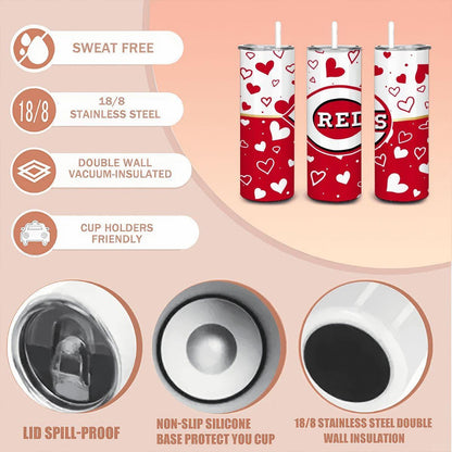 ColorFlow | Cincinnati Inspired Reds Hearts Straight Tumbler 20oz Stainless Steel Gift Optional Personalization