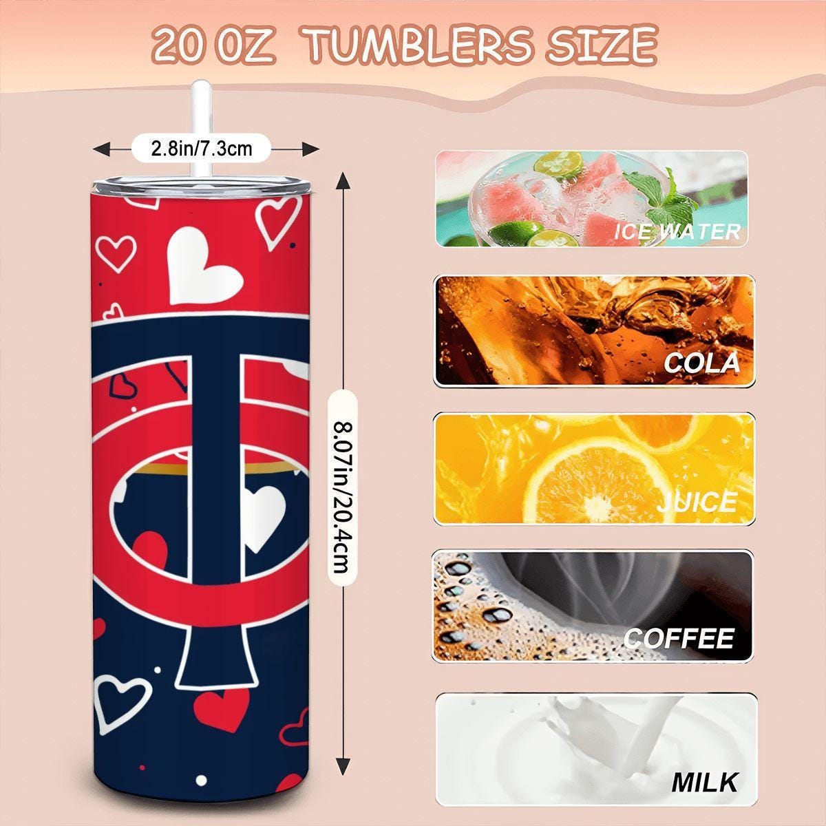 ColorFlow | Minnesota Inspired Twins Hearts Straight Tumbler 20oz Stainless Steel Gift Optional Personalization