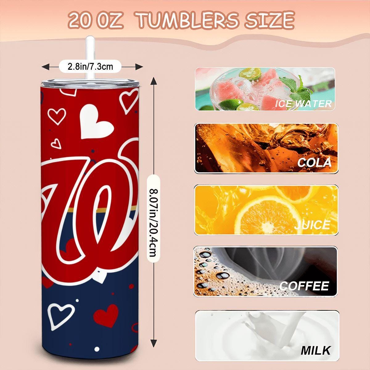ColorFlow | Washington Inspired Nationals Hearts Straight Tumbler 20oz Stainless Steel Drinkware Optional Personalization