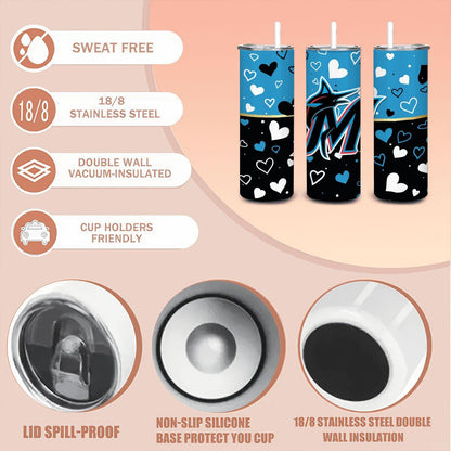 ColorFlow | Miami Inspired Marlins Hearts Straight Tumbler 20oz Stainless Steel Gift Optional Personalization
