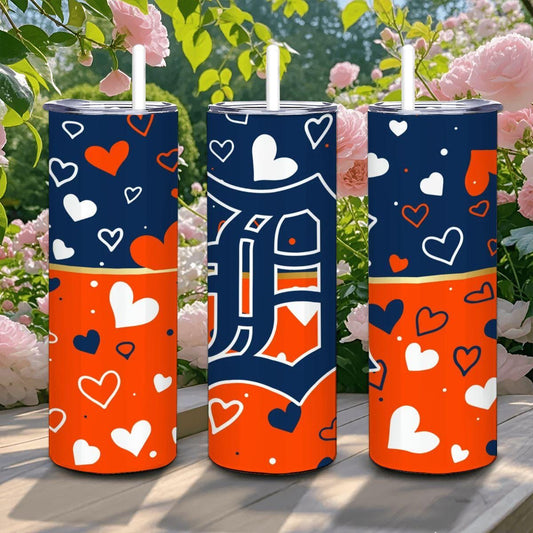 ColorFlow | Detroit Inspired Tigers Hearts Straight Tumbler 20oz Stainless Steel Drinkware Optional Personalization