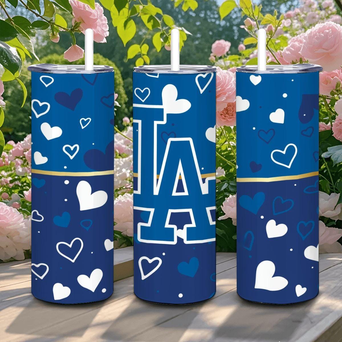 ColorFlow | Los Angeles Inspired Dodgers Hearts Straight Tumbler 20oz Stainless Steel Gift Optional Personalization
