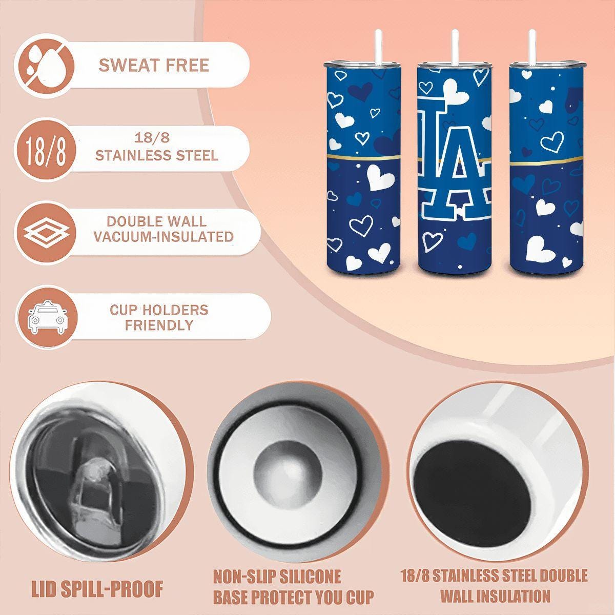 ColorFlow | Los Angeles Inspired Dodgers Hearts Straight Tumbler 20oz Stainless Steel Gift Optional Personalization