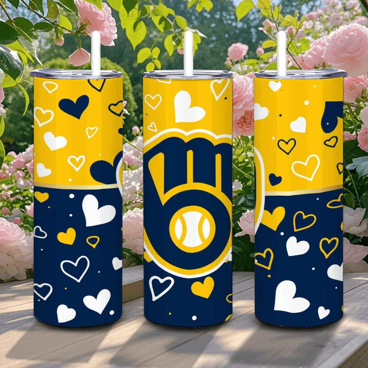 ColorFlow | Milwaukee Inspired Brewers Hearts Straight Tumbler 20oz Stainless Steel Drinkware Optional Personalization
