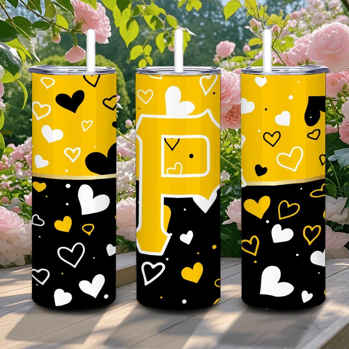 ColorFlow | Pittsburgh Inspired Pirates Hearts Straight Tumbler 20oz Stainless Steel Drinkware Optional Personalization