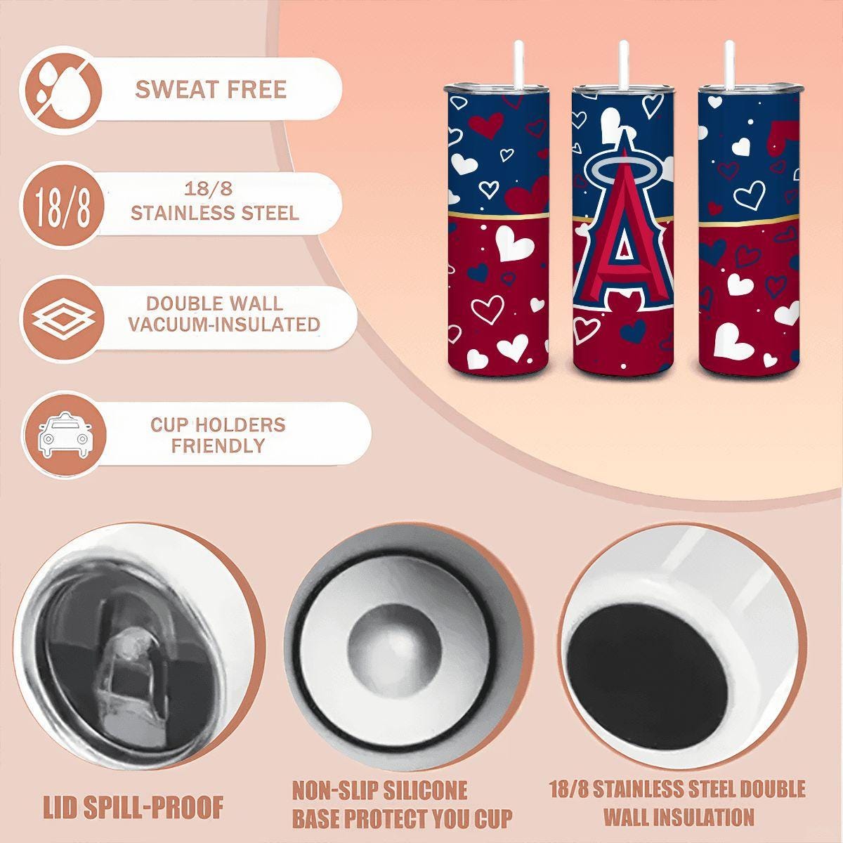ColorFlow | Los Angeles Inspired Angels Hearts Straight Tumbler 20oz Stainless Steel Drinkware Optional Personalization
