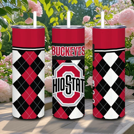 ColorFlow | Ohio State Inspired Buckeyes Argyle Straight Tumbler 20oz Stainless Steel Drinkware Optional Personalization