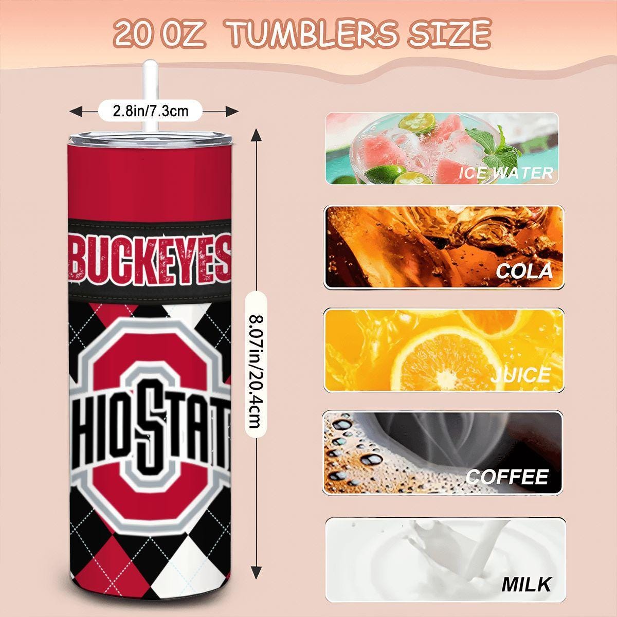 ColorFlow | Ohio State Inspired Buckeyes Argyle Straight Tumbler 20oz Stainless Steel Drinkware Optional Personalization