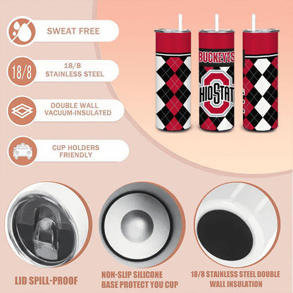 ColorFlow | Ohio State Inspired Buckeyes Argyle Straight Tumbler 20oz Stainless Steel Drinkware Optional Personalization