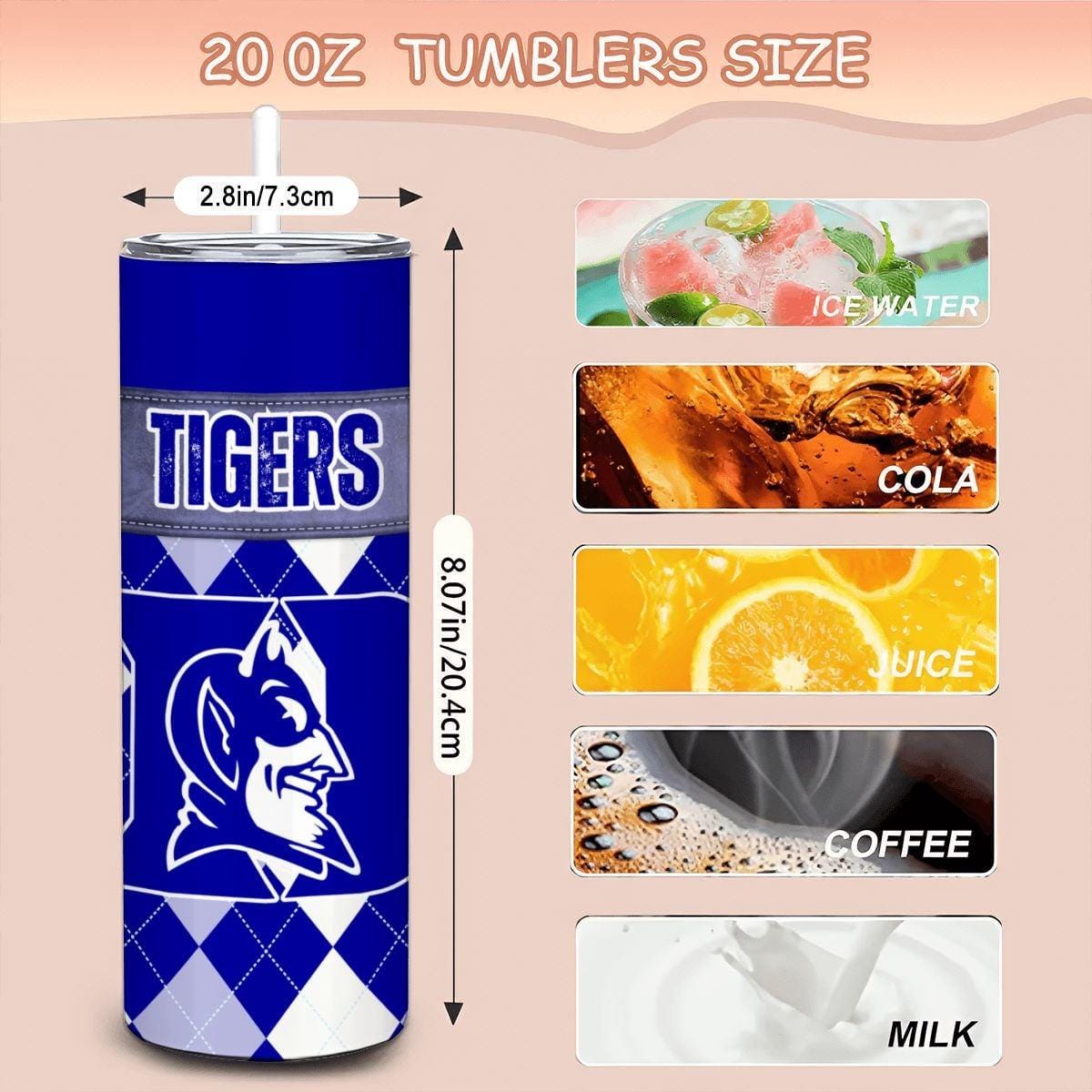 ColorFlow | Duke Inspired Blue Devils Argyle Straight Tumbler 20oz Stainless Steel Drinkware Optional Personalization