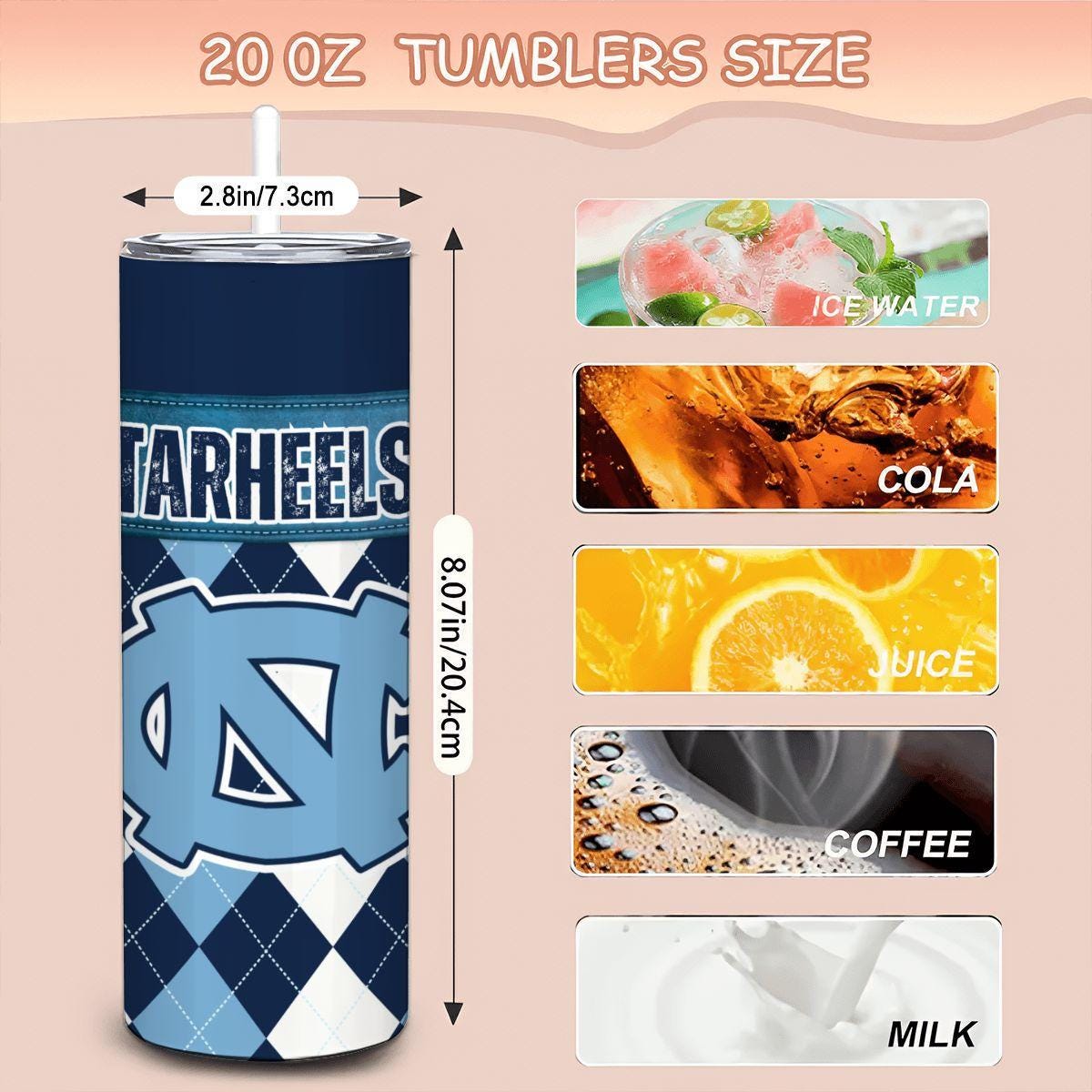 ColorFlow | North Carolina Inspired Tar Heels Argyle Straight Tumbler 20oz Stainless Steel Drinkware Optional Personalization