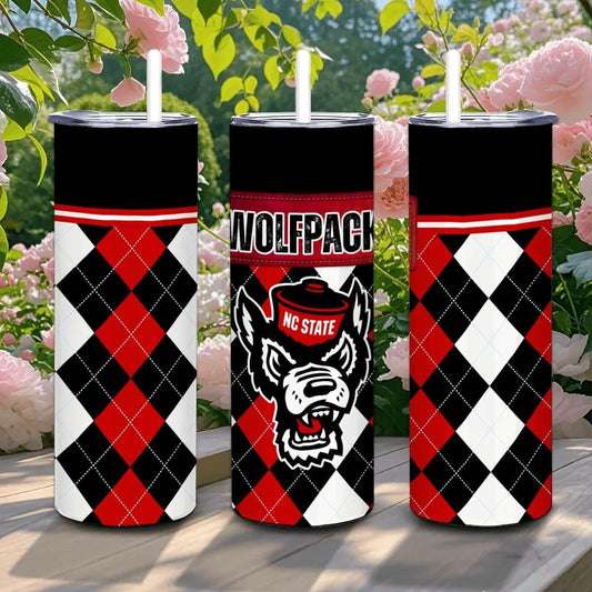 ColorFlow | NC State Inspired Wolfpack Argyle Straight Tumbler 20oz Stainless Steel Drinkware Optional Personalization