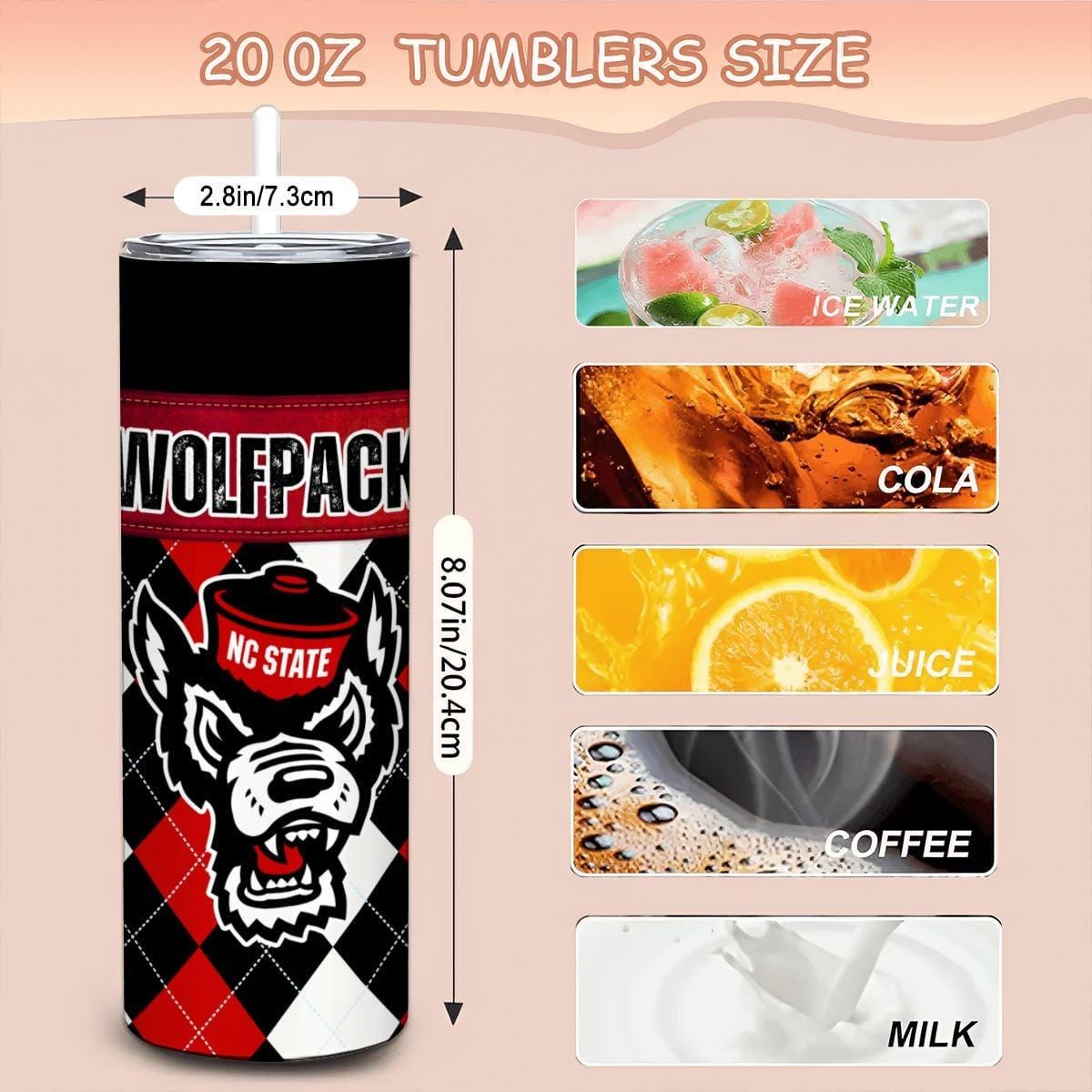 ColorFlow | NC State Inspired Wolfpack Argyle Straight Tumbler 20oz Stainless Steel Drinkware Optional Personalization