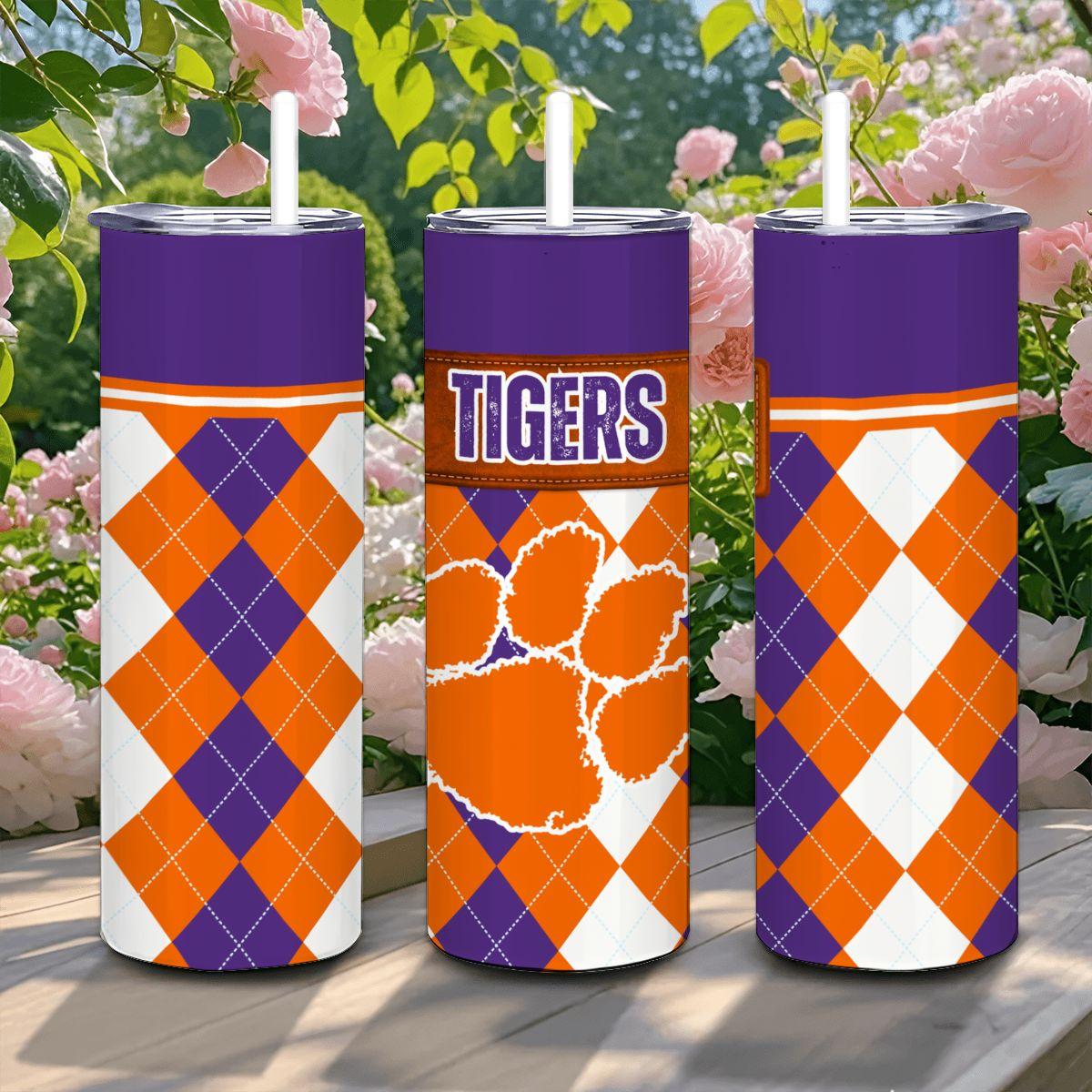 ColorFlow | Clemson Inspired Tigers Argyle Straight Tumbler 20oz Stainless Steel Drinkware Optional Personalization