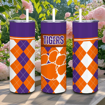 ColorFlow | Clemson Inspired Tigers Argyle Straight Tumbler 20oz Stainless Steel Drinkware Optional Personalization