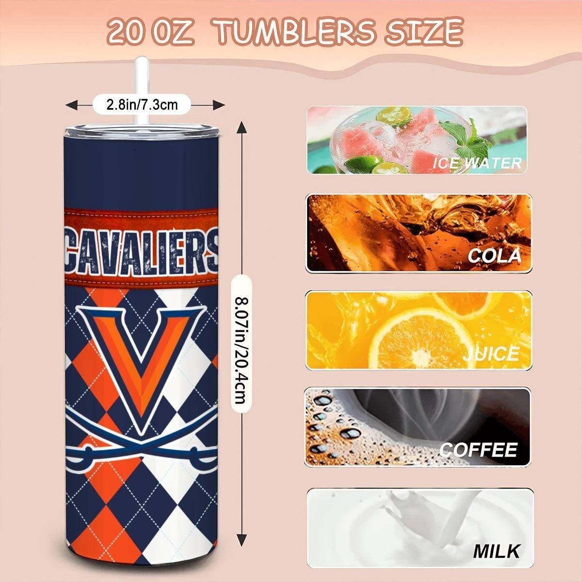 ColorFlow | Virginia Inspired Cavaliers Argyle Straight Tumbler 20oz Stainless Steel Drinkware Optional Personalization