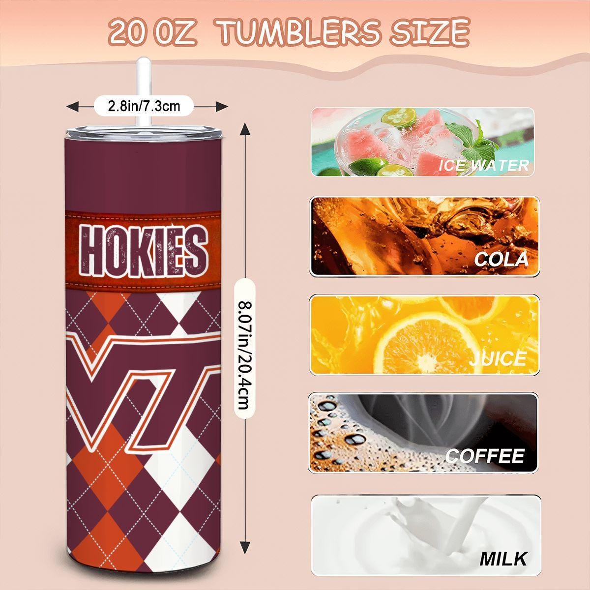 ColorFlow | Virginia Tech Inspired Hokies Argyle Straight Tumbler 20oz Stainless Steel Drinkware Optional Personalization
